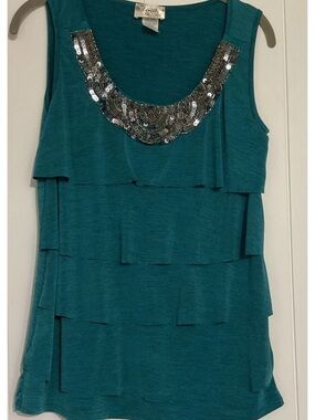 Lavish S Teal Tiered Sleeveless Tank with Sequin Neckline